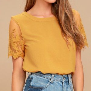 Lulu's Mustard Light Weight Blouse w/Lace Sleeves Size XS
